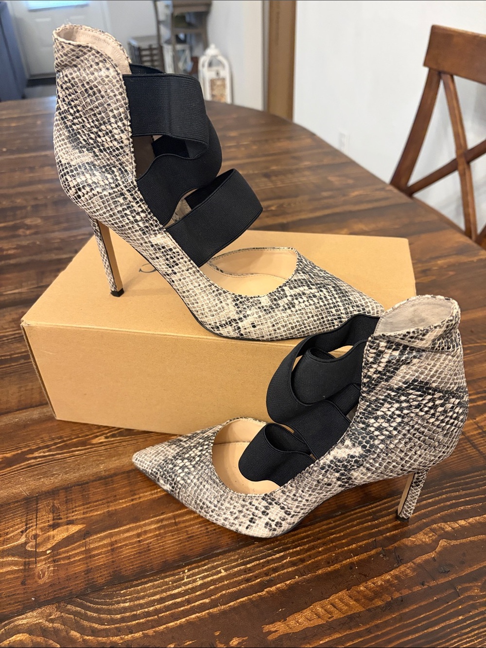 Vince Camuto Neutral Snake-Print Pointed Toe Heels with Black Elastic Straps